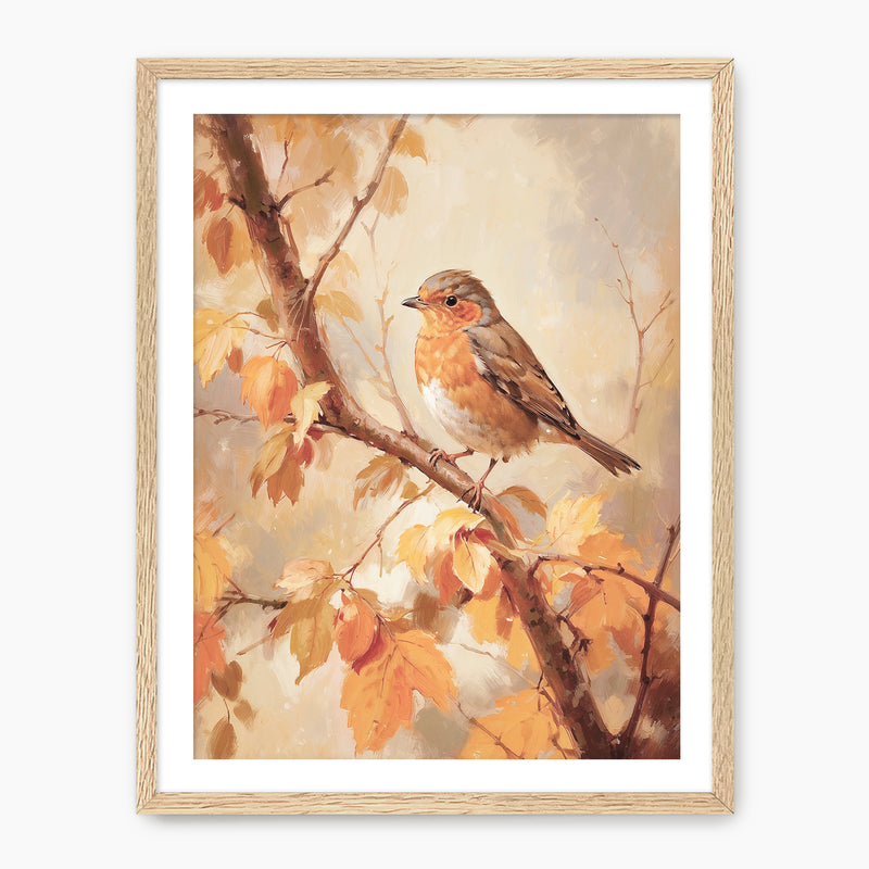 Bird fall print, fall artwork with wood frame, fall wall art, robin fall oil painting, fall wall decor in burnt orange and light beige, Sage & Rose Prints