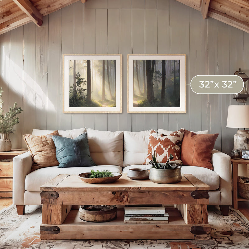 Sunlight Through a Misty Forest 2 Panel Set - Sage and Rose Prints