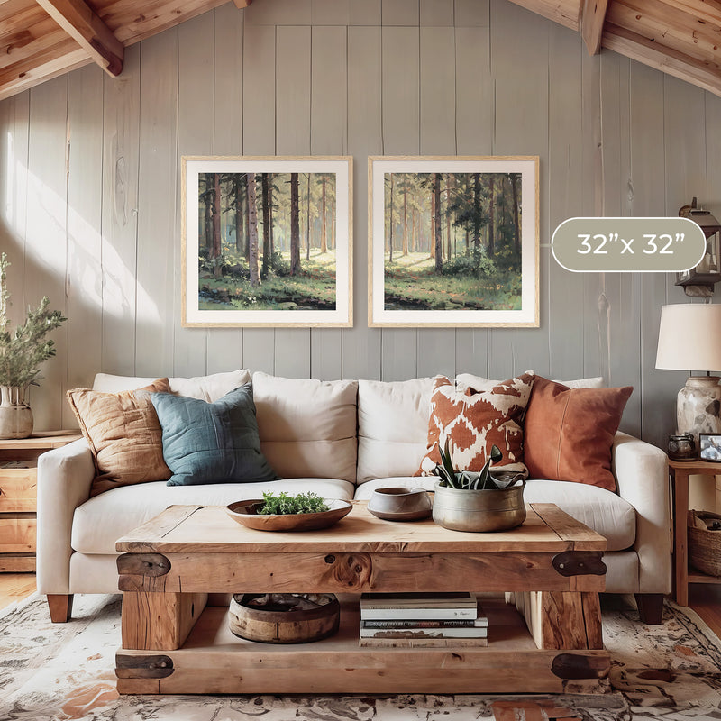 Sunny Forest Clearing Paintings 2-Panel Art Set - Sage and Rose Prints