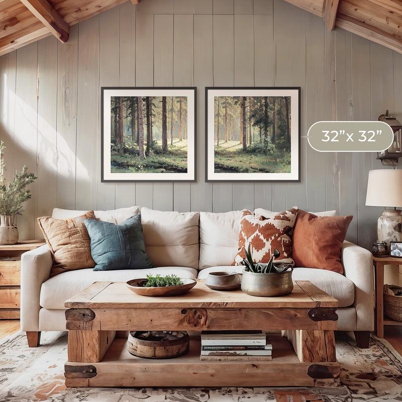 Sunny Forest Clearing Paintings 2-Panel Art Set - Sage and Rose Prints