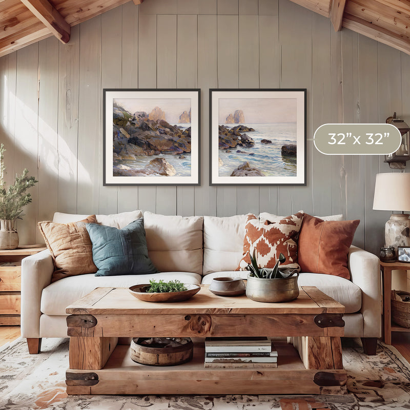 Seaside Sunrise with Coral Pink 2-Panel Set - Sage and Rose Prints