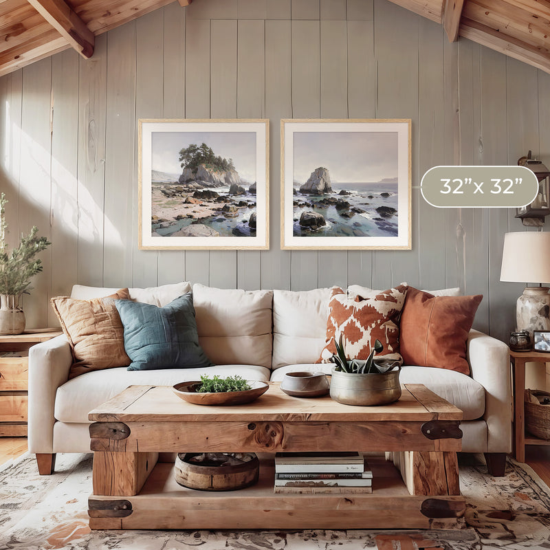 Rocky Beach Painting 2-Panel Art Set - Sage and Rose Prints