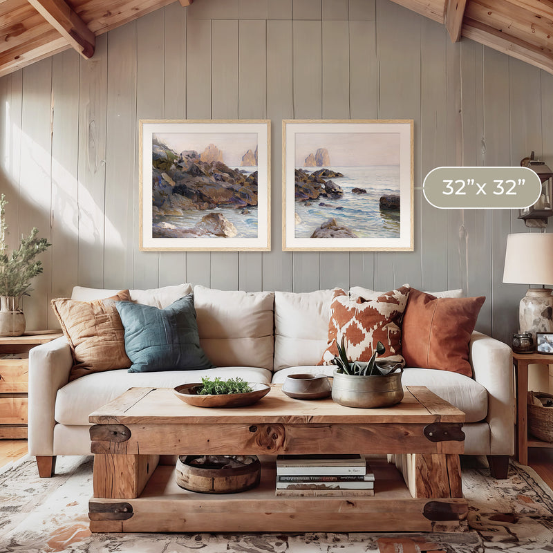 Seaside Sunrise with Coral Pink 2-Panel Set - Sage and Rose Prints