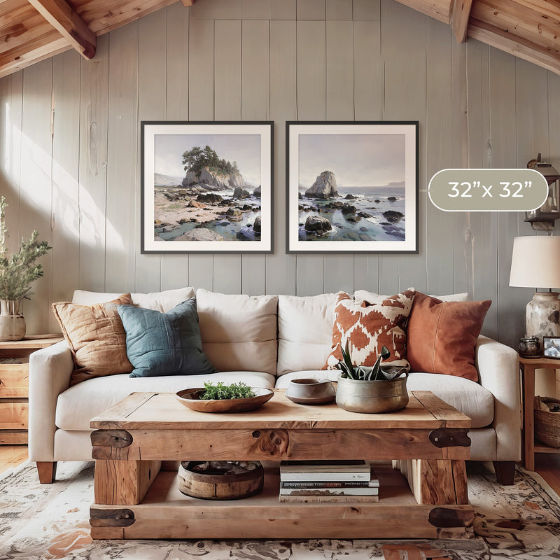 Rocky Beach Painting 2-Panel Art Set - Sage and Rose Prints