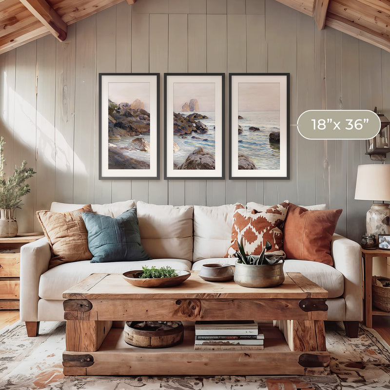 Seaside Sunrise with Coral Pink Triptych - Sage and Rose Prints