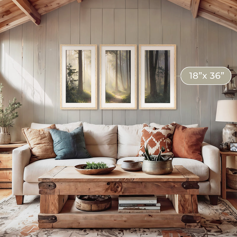 Sunlight Through a Misty Forest Triptych - Sage and Rose Prints