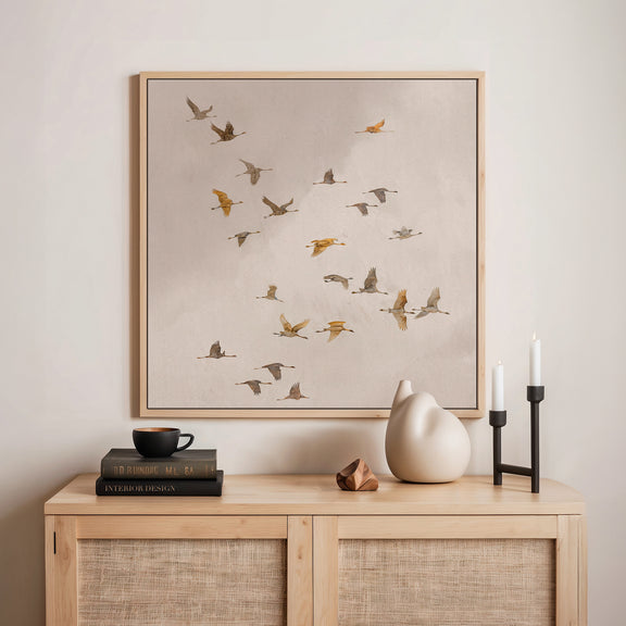 AK-29-Japandi Flock ofBirds flock Tan Watercolor - Sage and Rose Prints