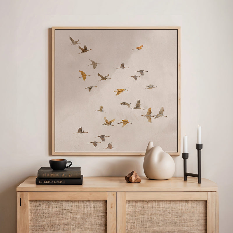 AK-29-Japandi Flock ofBirds flock Tan Watercolor - Sage and Rose Prints