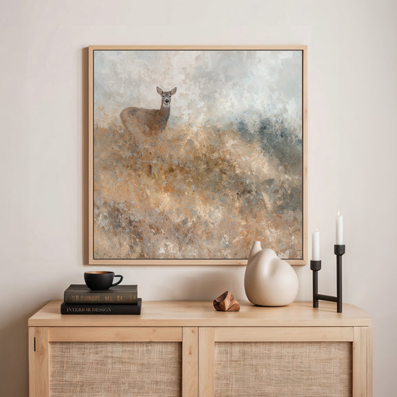 AK-60- Deer in Grassy Field Abstract Impressionist Painting - Sage and Rose Prints