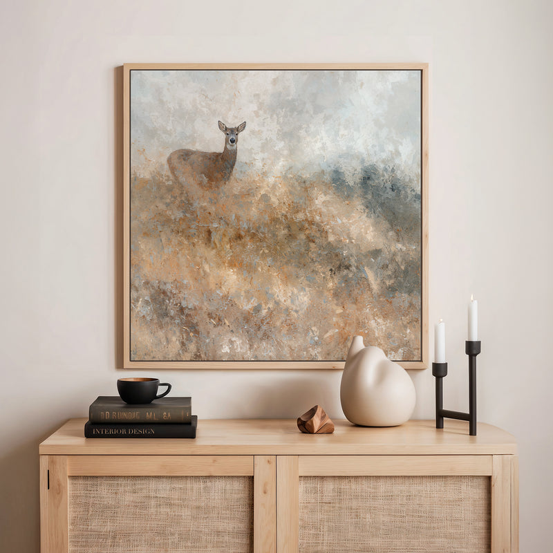 AK-60- Deer in Grassy Field Abstract Impressionist Painting - Sage and Rose Prints