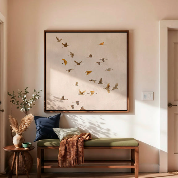 AK-29-Japandi Flock ofBirds flock Tan Watercolor - Sage and Rose Prints