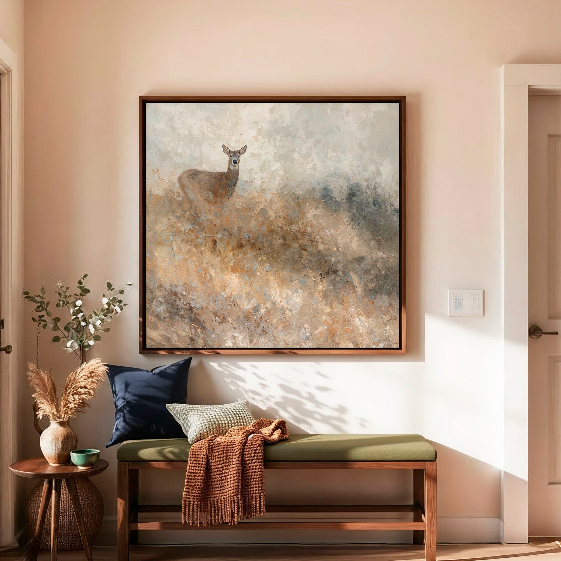 AK-60- Deer in Grassy Field Abstract Impressionist Painting - Sage and Rose Prints