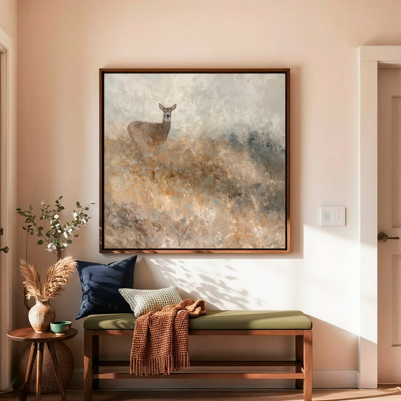 AK-60- Deer in Grassy Field Abstract Impressionist Painting - Sage and Rose Prints