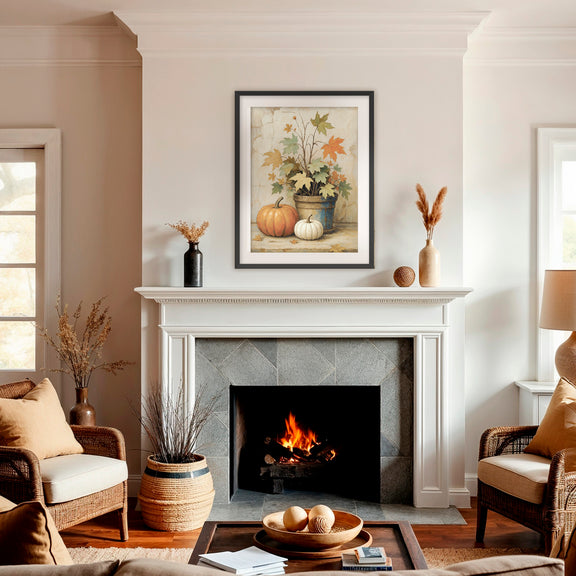 Pumpkin fall print, fall artwork with black frame, fall wall art, pumpkin fall oil painting, fall wall decor in burnt orange and light beige, Sage & Rose Prints