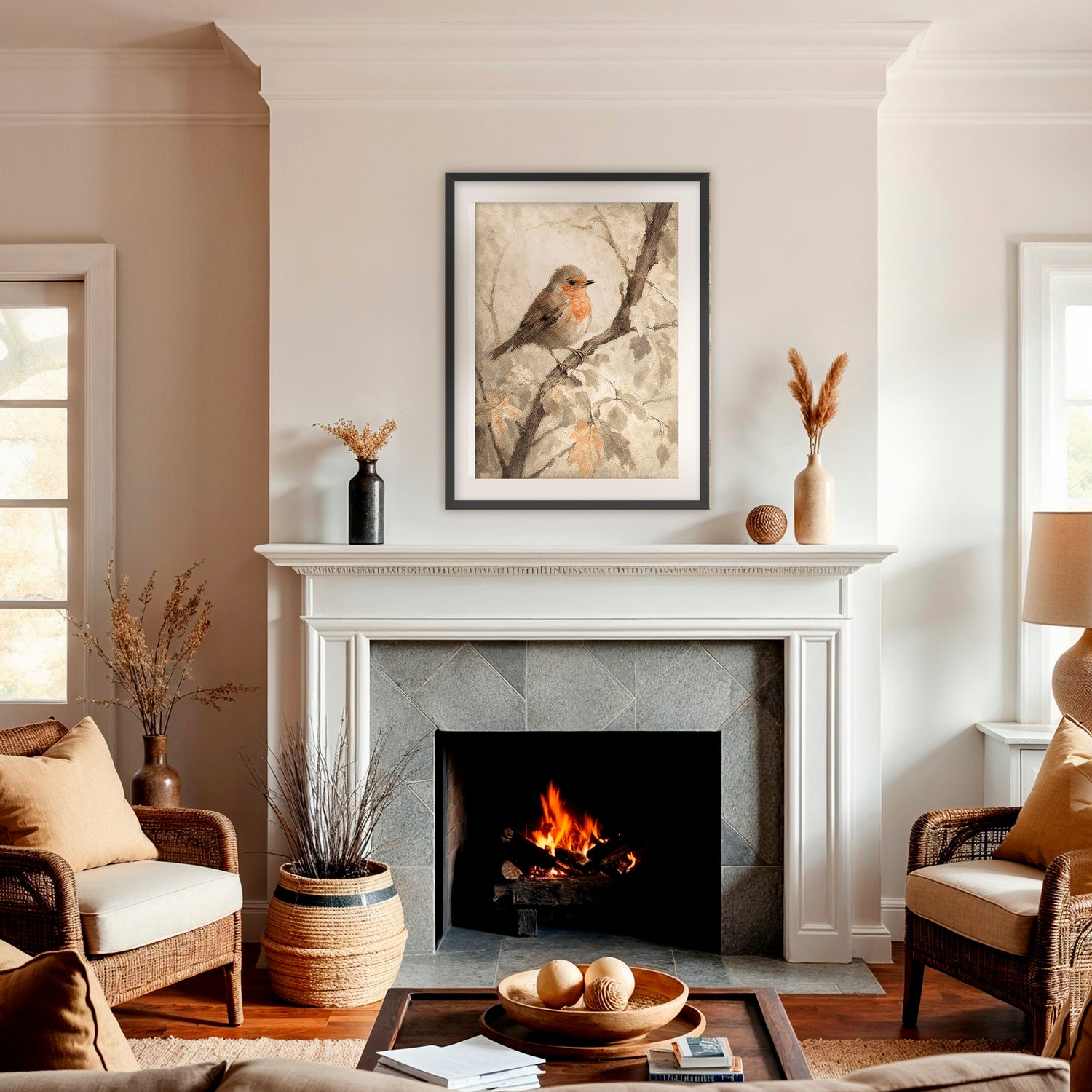Bird fall print, fall artwork with black frame, fall wall art, robin in the woods fall oil painting, fall wall decor in burnt orange and light beige, Sage & Rose Prints