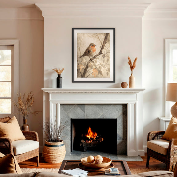 Bird fall print, fall artwork with black frame, fall wall art, robin in the woods fall oil painting, fall wall decor in burnt orange and light beige, Sage & Rose Prints