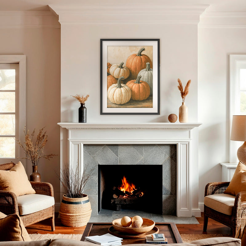 Pumpkin fall print, fall artwork with black frame, fall wall art, pumpkin fall oil painting, fall wall decor in burnt orange and light beige, Sage & Rose Prints