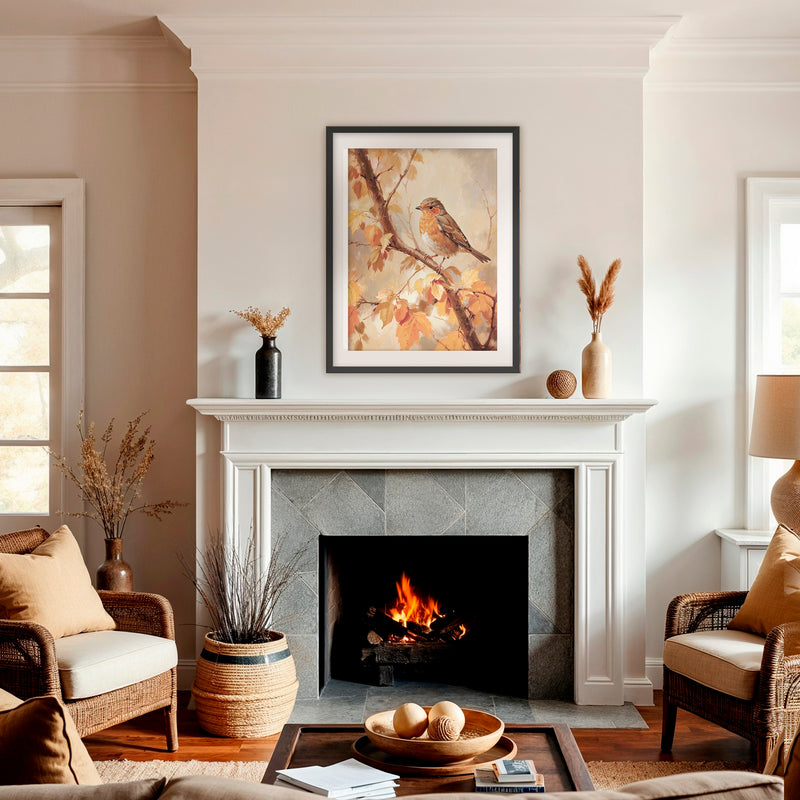 Bird fall print, fall artwork with black frame, fall wall art, robin fall oil painting, fall wall decor in burnt orange and light beige, Sage & Rose Prints