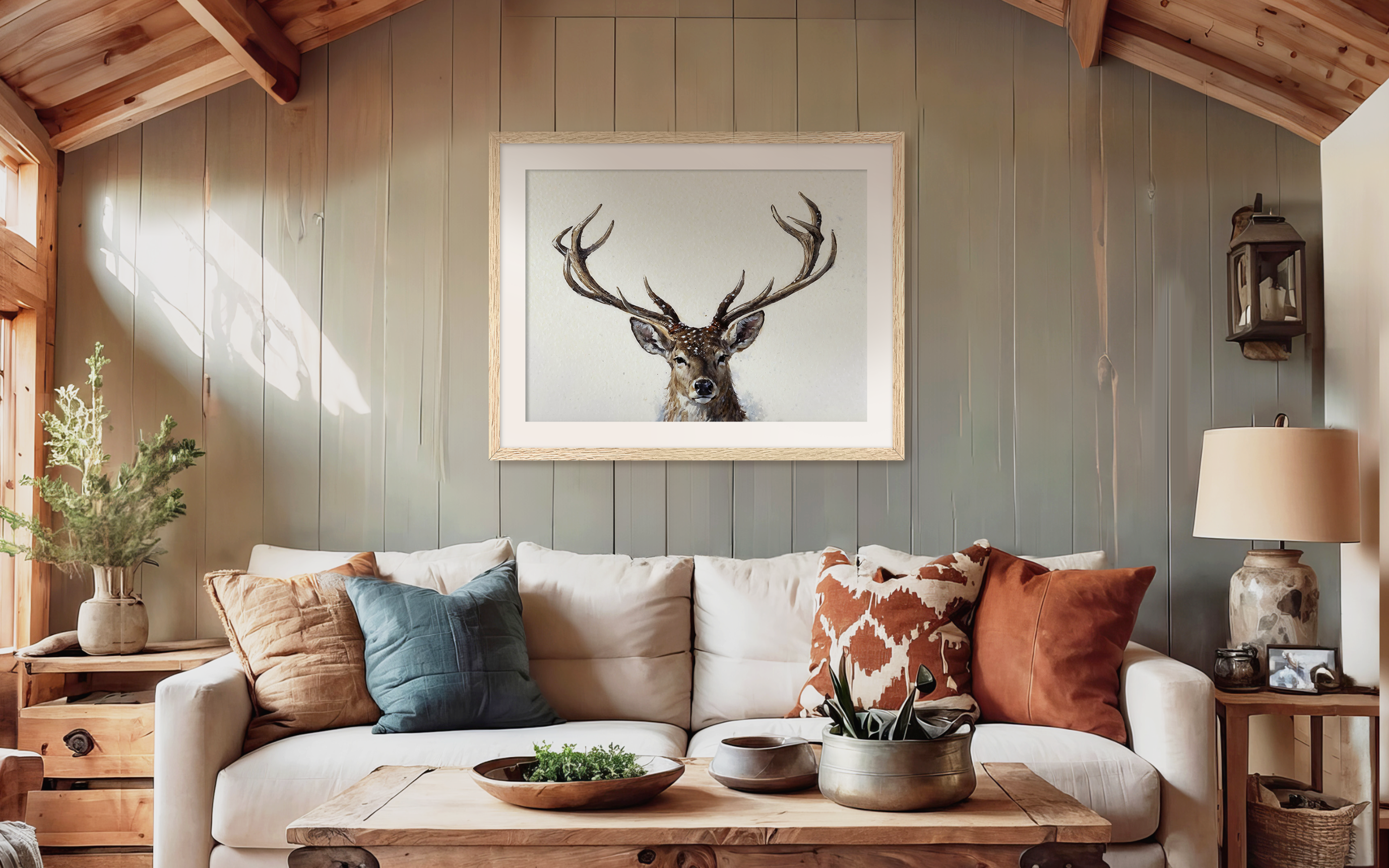 Rustic mountain cabin living room with a large framed wall art of a male deer buck with wide antlers nature painting above the couch