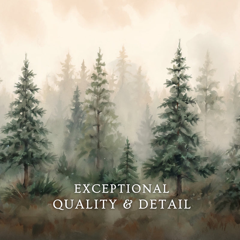 Misty Forest Watercolor in Shades of Green - Sage and Rose Prints