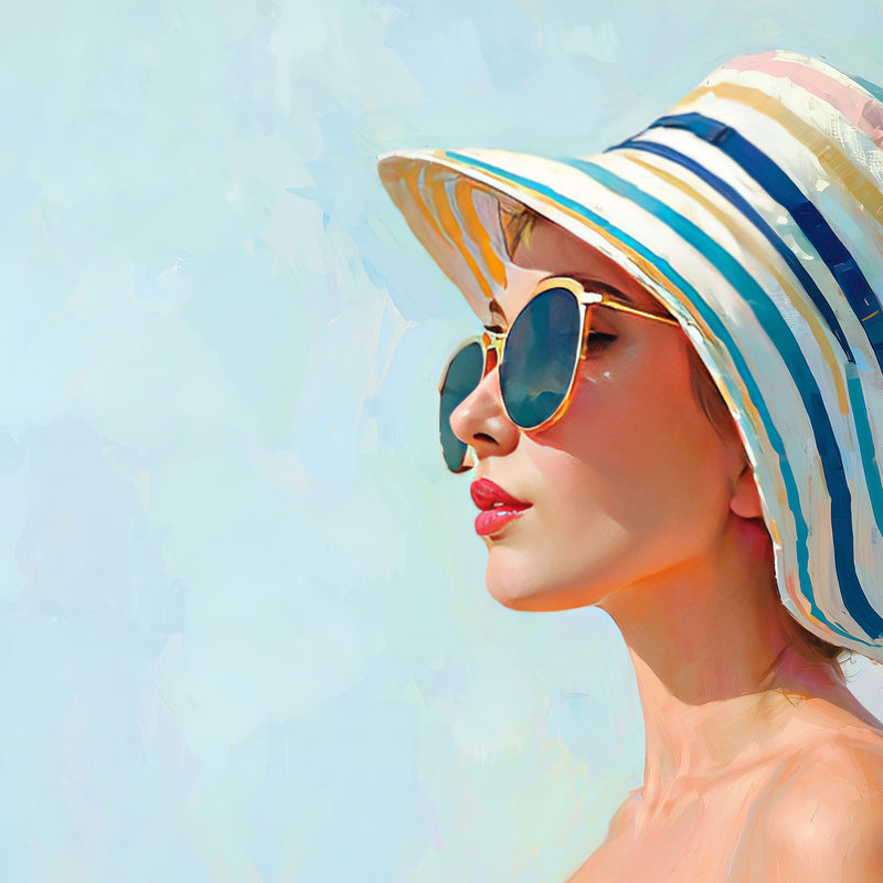 Retro Woman in a Striped Sun Hat - Sage and Rose Prints