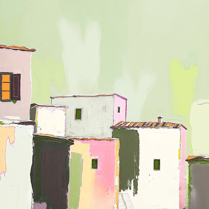 Green Abstract Village Painting Print - Sage and Rose Prints