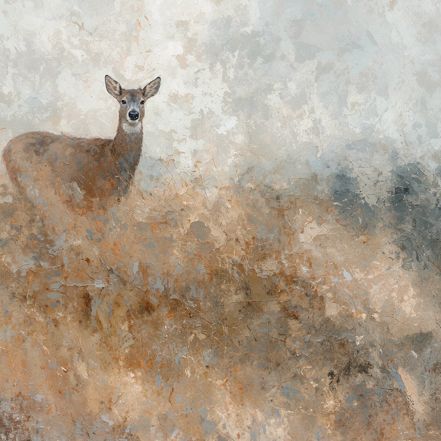 AK-60- Deer in Grassy Field Abstract Impressionist Painting - Sage and Rose Prints