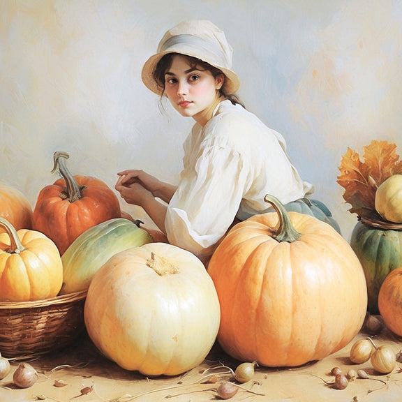 Victorian Girl with Pumpkins Fall Painting - Sage and Rose Prints