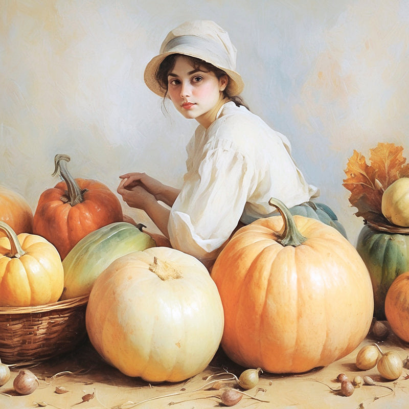 Victorian Girl with Pumpkins Fall Painting - Sage and Rose Prints