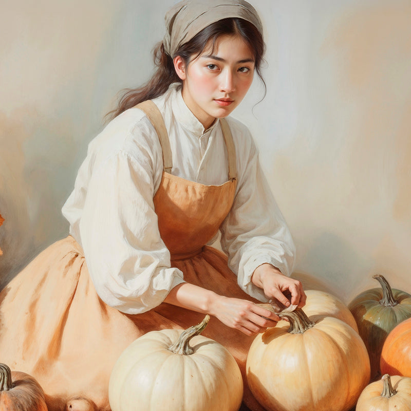 Vintage Painting of Girl with Pumpkins Fall Art Print - Sage and Rose Prints