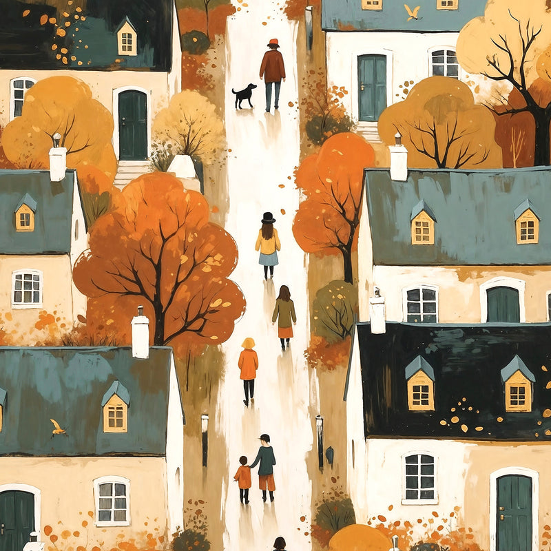 Nostalgic Village Folk Art Fall Wall Art - Sage and Rose Prints