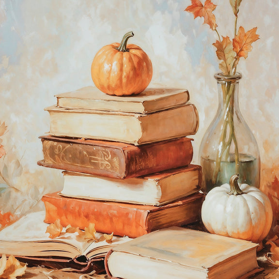 Fall Still Life Painting with Books & Pumpkins - Sage and Rose Prints