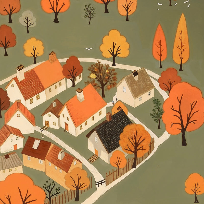 Olive Green Fall Village Illustration - Sage and Rose Prints
