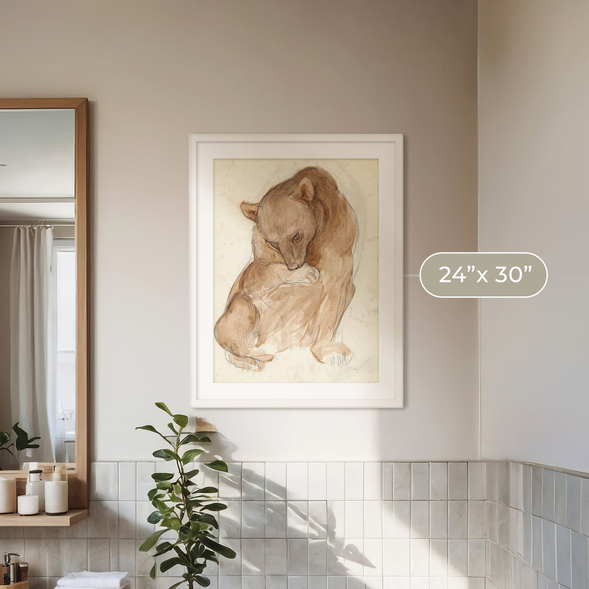 Bear Drawing in Earth Tones - Sage and Rose Prints