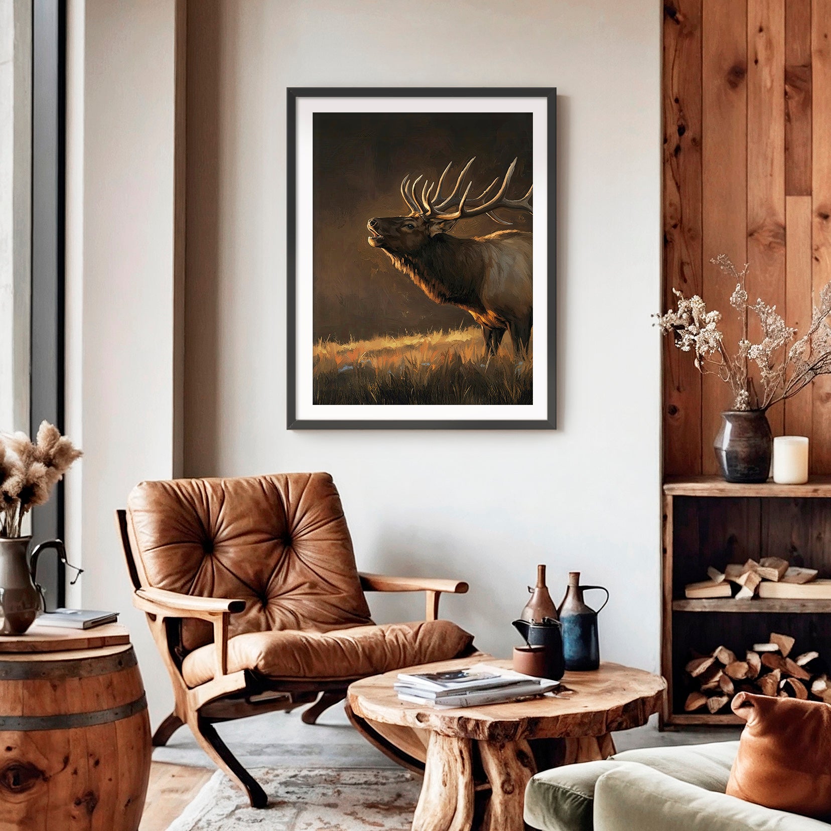Moody Earth Tone Elk Wildlife Painting - Sage and Rose Prints