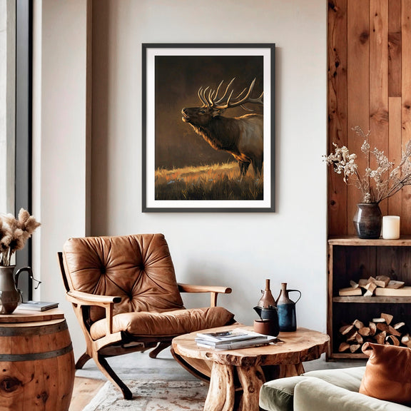 Moody Earth Tone Elk Wildlife Painting - Sage and Rose Prints