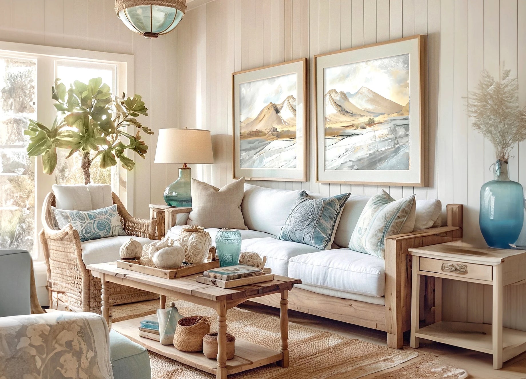 coastal beach livingroom with coastal wall art of ocean and mountains