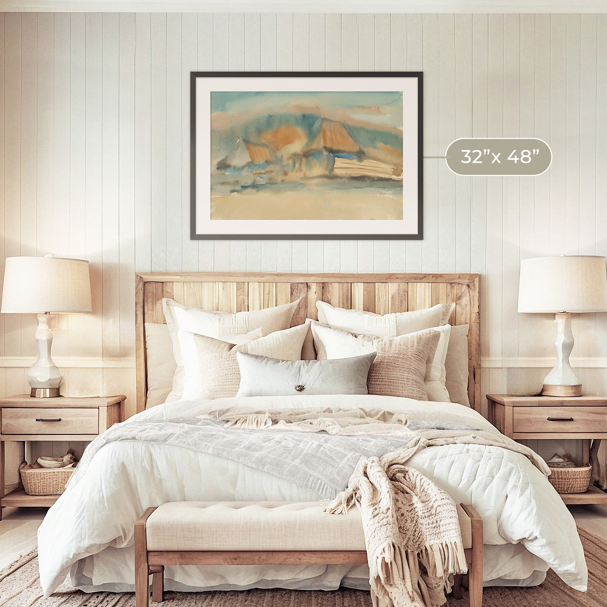 Cottage Watercolor in Tans and Teals - Sage and Rose Prints