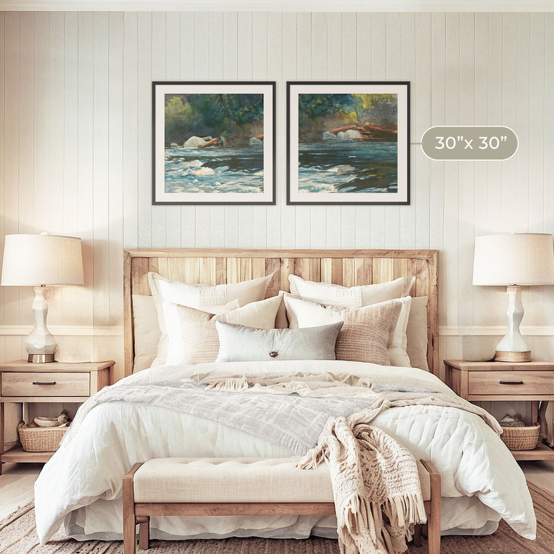 River Painting in Green Shades 2-Panel Set - Sage and Rose Prints