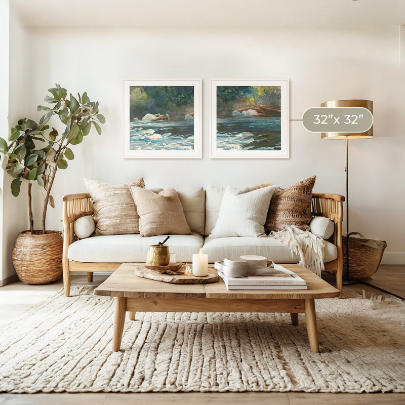 River Painting in Green Shades 2-Panel Set - Sage and Rose Prints