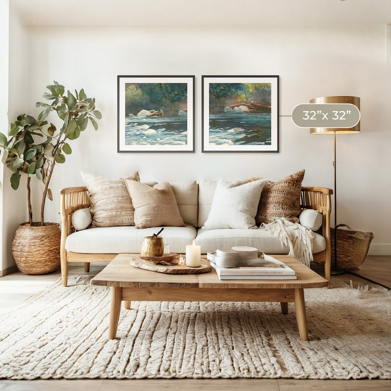 River Painting in Green Shades 2-Panel Set - Sage and Rose Prints