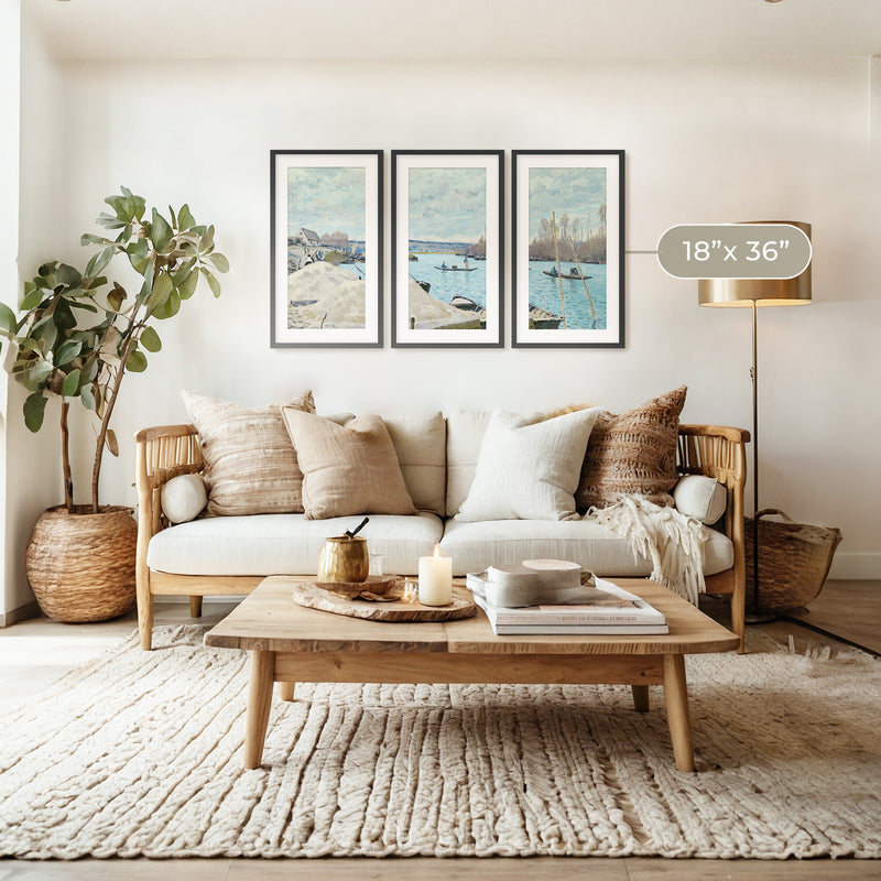 Boats on the River in Tan and Teal Triptych - Sage and Rose Prints