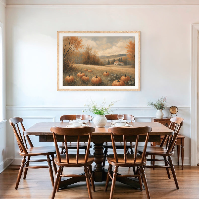 Pumpkin fall print, fall artwork with wood frame, fall wall art in burnt orange and light blues Sage & Rose Prints