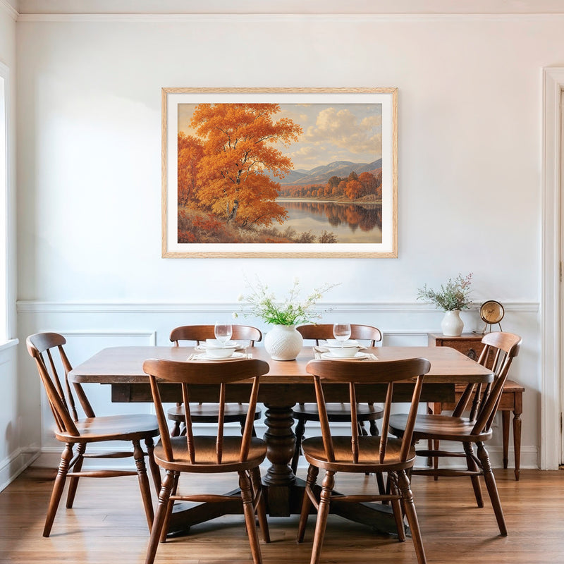 Landscape fall print, fall artwork with wood frame, fall wall art, fall wall decor in burnt orange and light blues Sage & Rose Prints