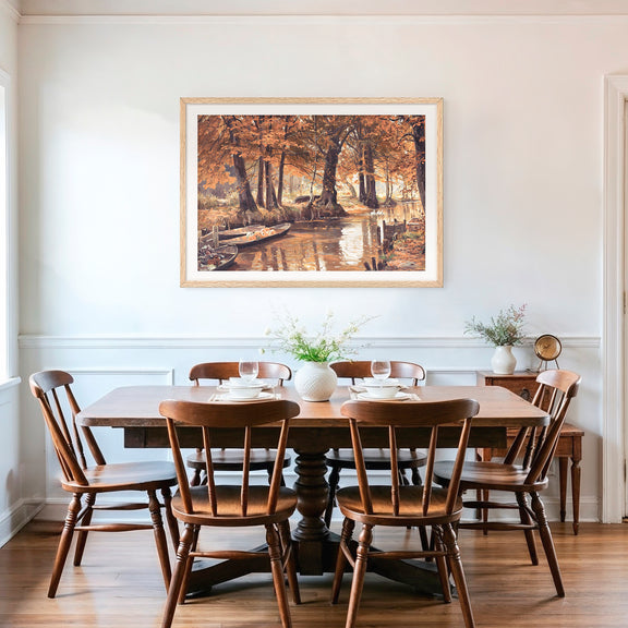 Walter Moras painting fall print, fall artwork with wood frame, fall wall art, fall forest, autumn trees, vintage style, rustic, fall painting, fall wall decor in burnt orange and light beige, Sage & Rose Prints