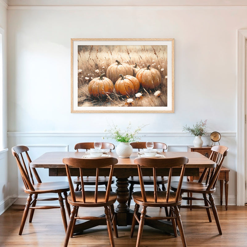 Pumpkin fall print, fall artwork with wood frame, fall wall art, fall oil painting, lfall wall decor in burnt orange and light beige Sage & Rose Prints
