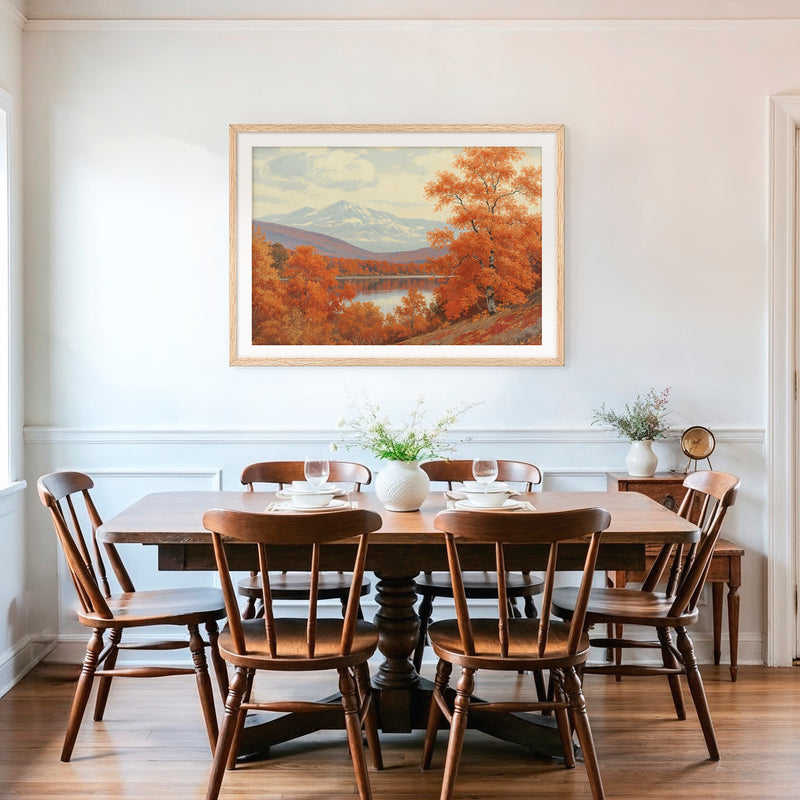 Landscape fall print, fall artwork with wood frame, fall wall art, fall wall decor in burnt orange and light blues Sage & Rose Prints