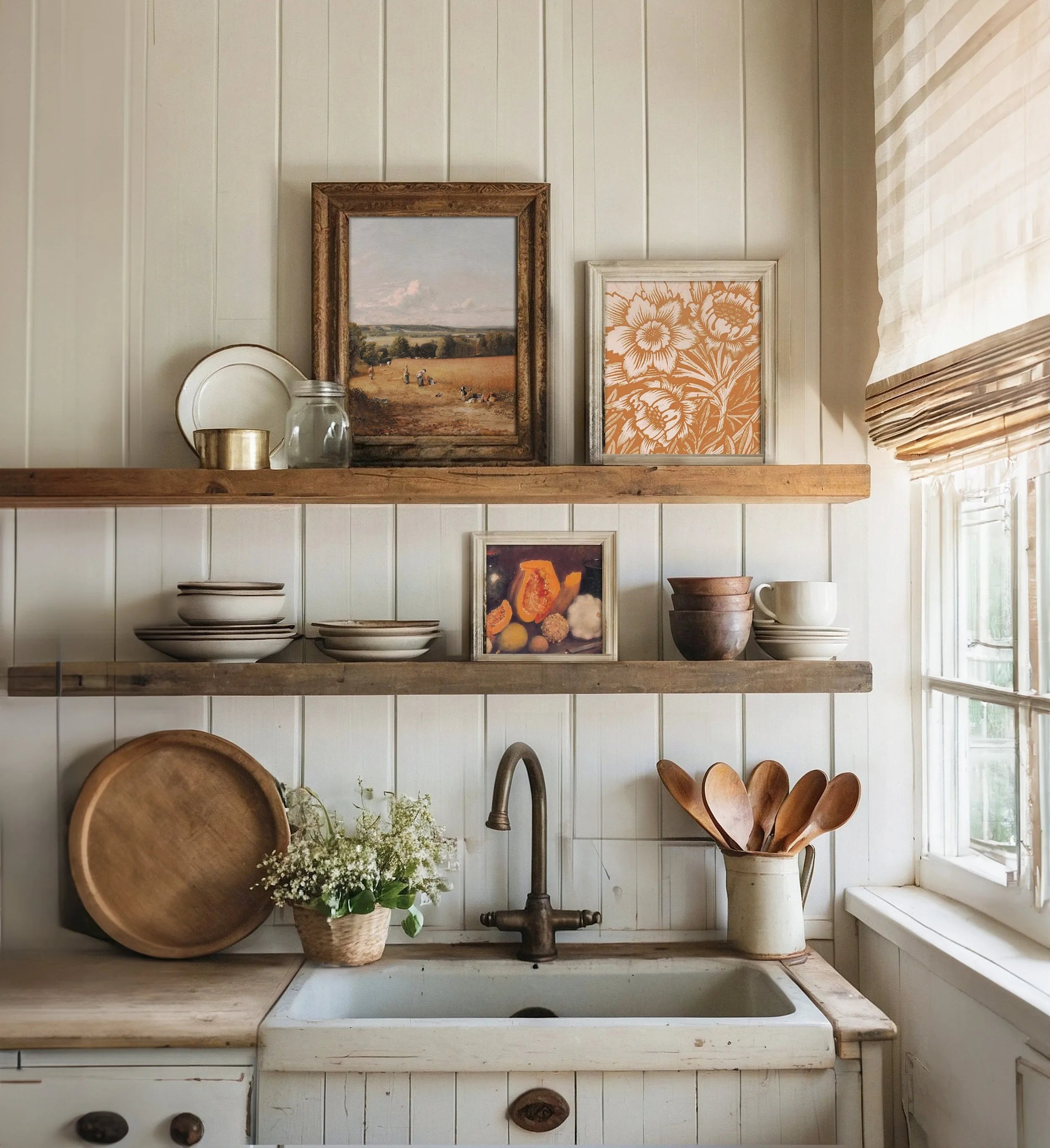 historic wall art for the kitchen, cozy farmhouse cottage kitchen with some old-masters paintings on the shelves above the sink.