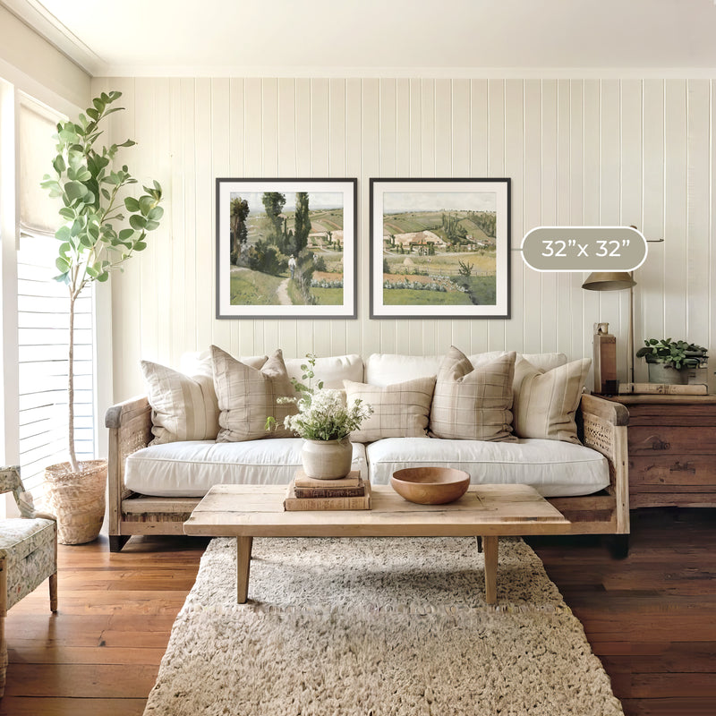 Muted Green Countryside Landscape 2 Piece Art Set - Sage and Rose Prints