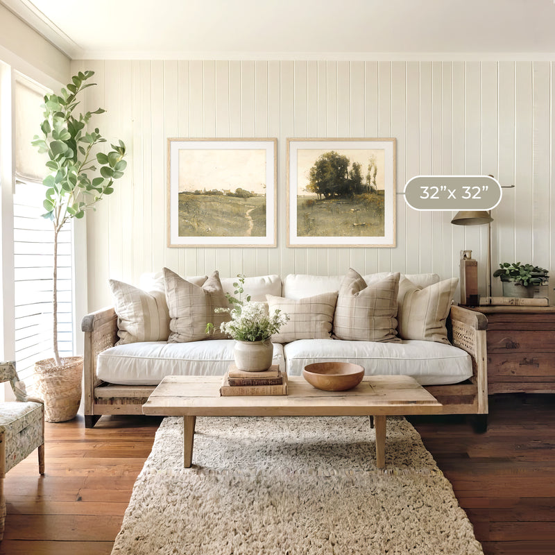 Muted Green Countryside Landscape 2 Piece Art Set - Sage and Rose Prints